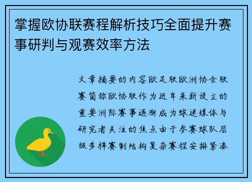 掌握欧协联赛程解析技巧全面提升赛事研判与观赛效率方法